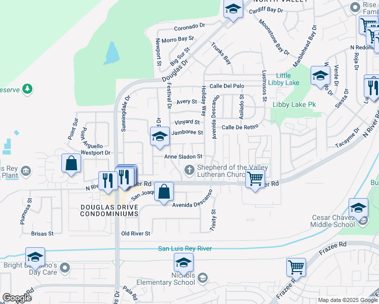 map of restaurants, bars, coffee shops, grocery stores, and more near 4532 Anne Sladon Street in Oceanside