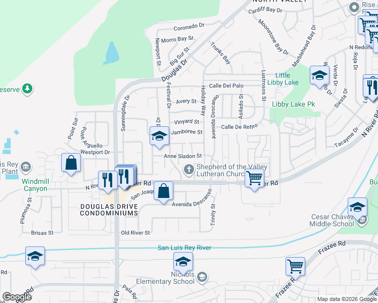 map of restaurants, bars, coffee shops, grocery stores, and more near 4532 Anne Sladon Street in Oceanside