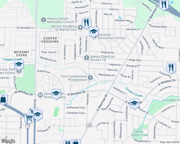 map of restaurants, bars, coffee shops, grocery stores, and more near 801 Manhattan Drive in Denton