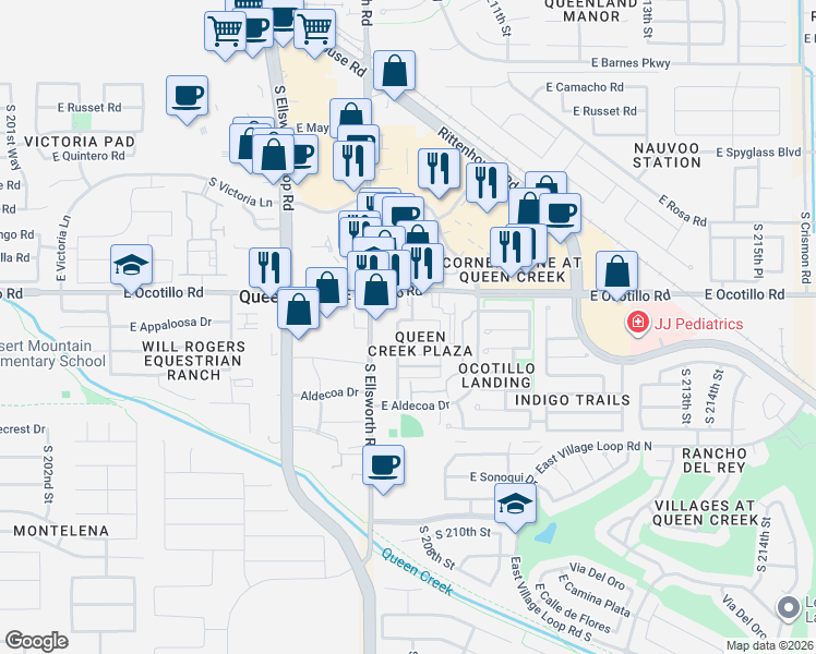 map of restaurants, bars, coffee shops, grocery stores, and more near 20811 East Pickett Street in Queen Creek