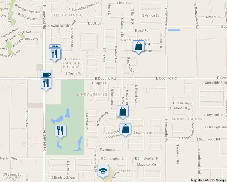 map of restaurants, bars, coffee shops, grocery stores, and more near 1110 East Bosi Street in Queen Creek