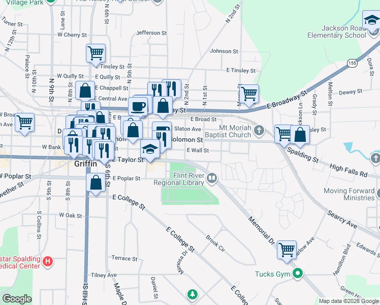 map of restaurants, bars, coffee shops, grocery stores, and more near 610 East Wall Street in Griffin