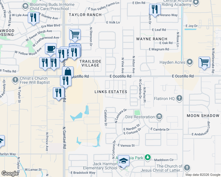 map of restaurants, bars, coffee shops, grocery stores, and more near 40569 North Bogey Drive in Queen Creek