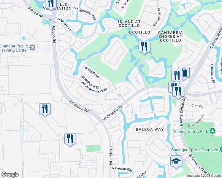 map of restaurants, bars, coffee shops, grocery stores, and more near 2020 West Olive Way in Chandler
