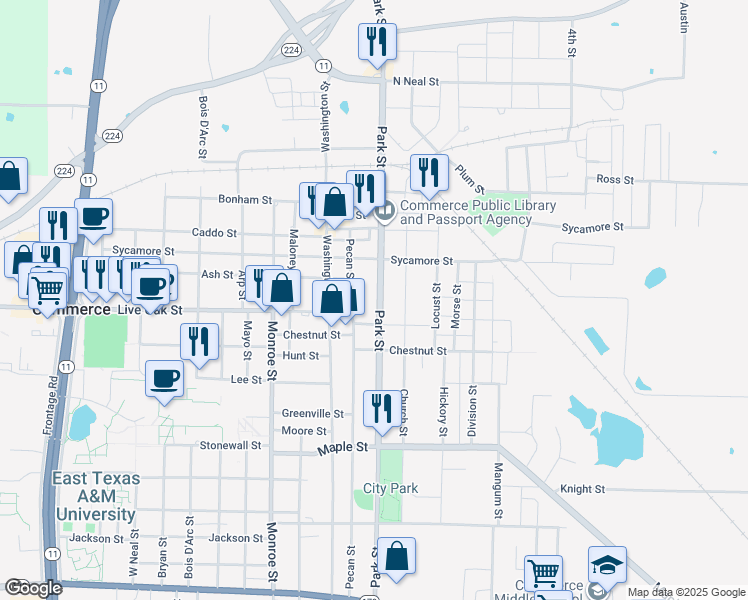 map of restaurants, bars, coffee shops, grocery stores, and more near 1506 Park Street in Commerce