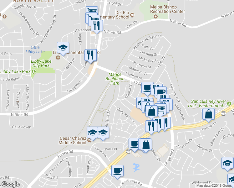 map of restaurants, bars, coffee shops, grocery stores, and more near 4866 Gardenia Street in Oceanside