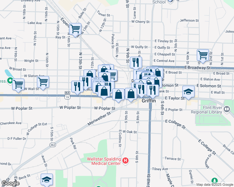 map of restaurants, bars, coffee shops, grocery stores, and more near 327 West Taylor Street in Griffin