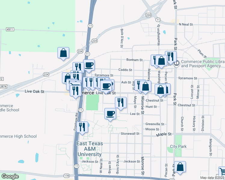 map of restaurants, bars, coffee shops, grocery stores, and more near 1812 Live Oak Street in Commerce