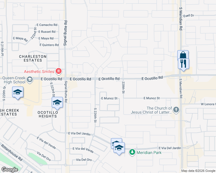 map of restaurants, bars, coffee shops, grocery stores, and more near 22717 East Ocotillo Road in Queen Creek
