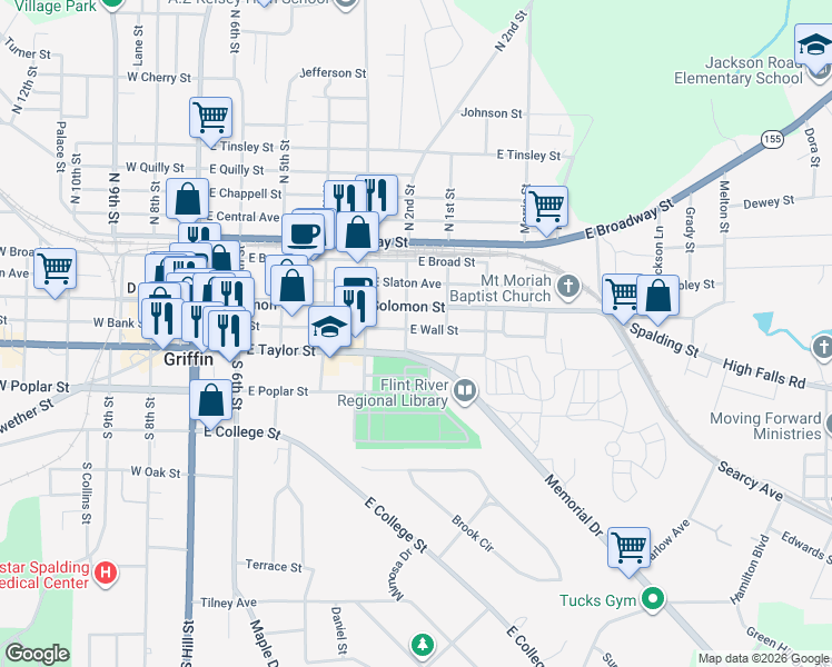 map of restaurants, bars, coffee shops, grocery stores, and more near 606 East Wall Street in Griffin