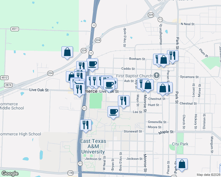 map of restaurants, bars, coffee shops, grocery stores, and more near 1940 Live Oak Street in Commerce