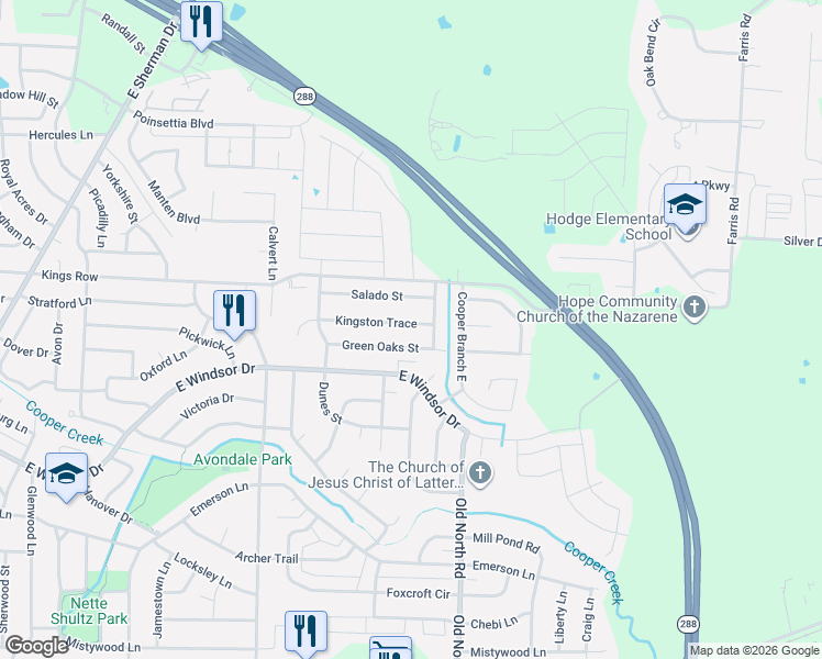 map of restaurants, bars, coffee shops, grocery stores, and more near 2400 Kingston Trace in Denton
