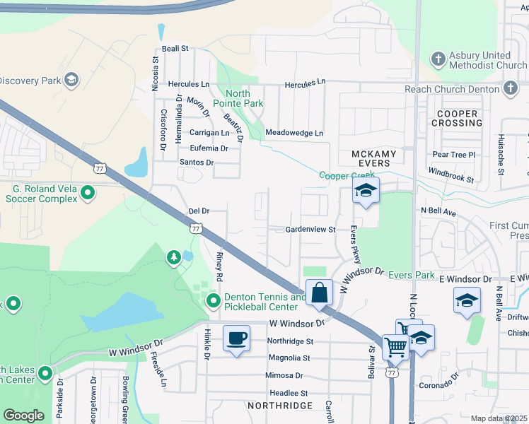 map of restaurants, bars, coffee shops, grocery stores, and more near 3309 Gardenview Circle in Denton