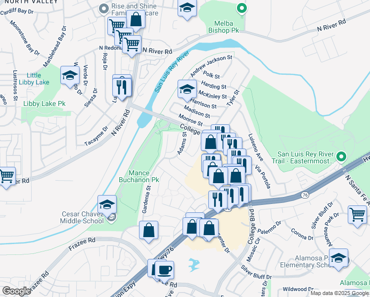 map of restaurants, bars, coffee shops, grocery stores, and more near 4862 Palmetto Drive in Oceanside