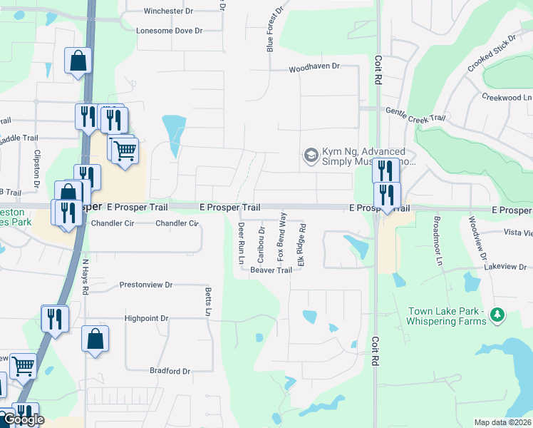 map of restaurants, bars, coffee shops, grocery stores, and more near 1951 Coyote Run Prosper in Prosper