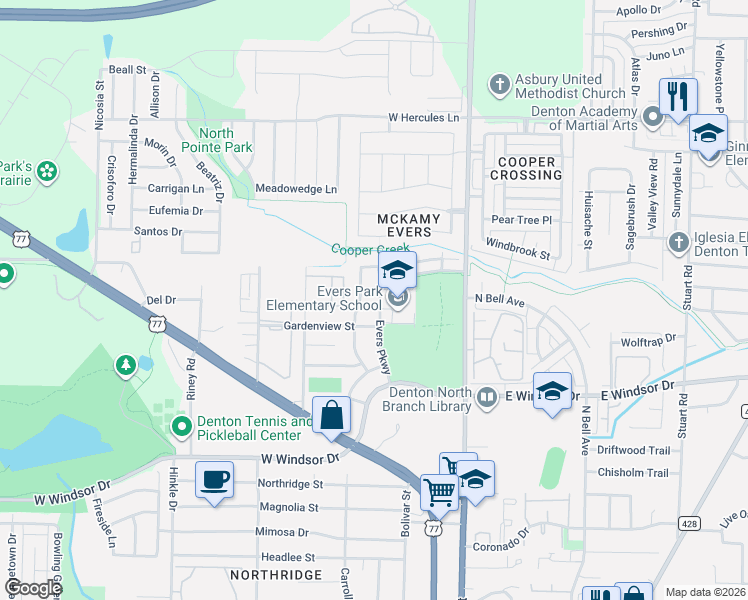map of restaurants, bars, coffee shops, grocery stores, and more near 3317 Evers Parkway in Denton
