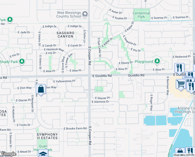 map of restaurants, bars, coffee shops, grocery stores, and more near 2102 East Yellowstone Place in Chandler