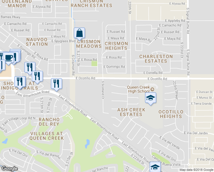 map of restaurants, bars, coffee shops, grocery stores, and more near 22075 South Scotland Court in Queen Creek
