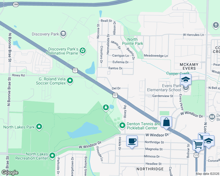 map of restaurants, bars, coffee shops, grocery stores, and more near 3604 North Elm Street in Denton