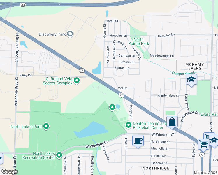 map of restaurants, bars, coffee shops, grocery stores, and more near North Elm Street in Denton