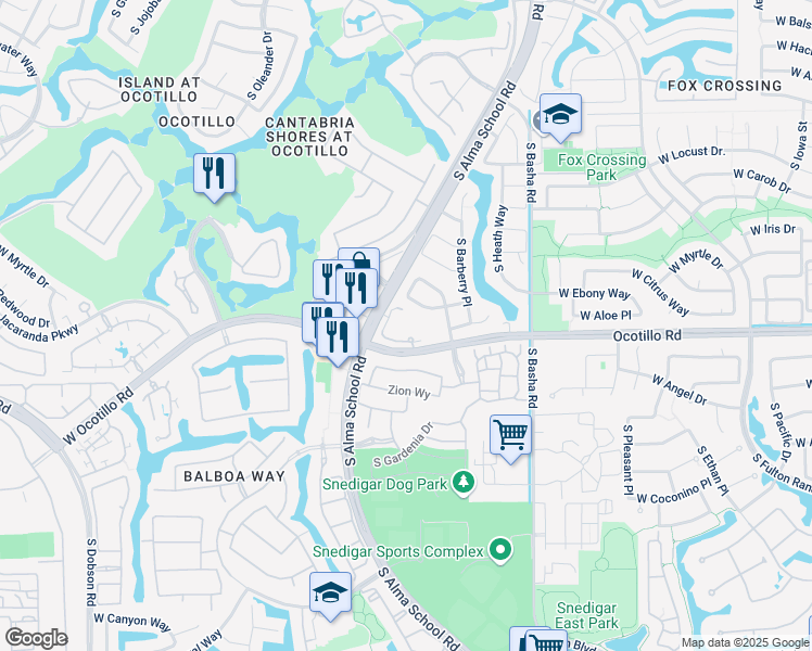 map of restaurants, bars, coffee shops, grocery stores, and more near 990 West Ocotillo Road in Chandler