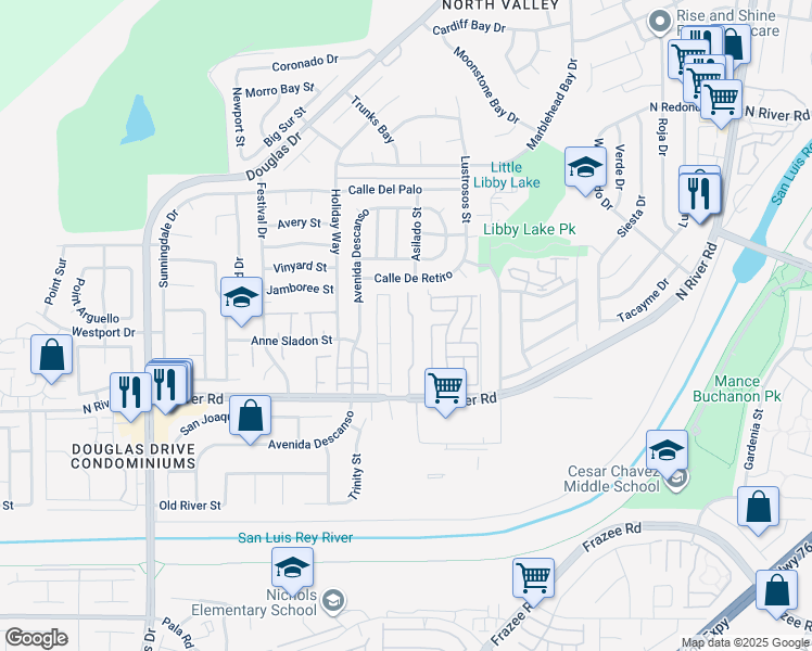 map of restaurants, bars, coffee shops, grocery stores, and more near 304 Riverview Way in Oceanside