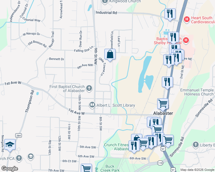 map of restaurants, bars, coffee shops, grocery stores, and more near 501 Olde Towne Lane in Alabaster