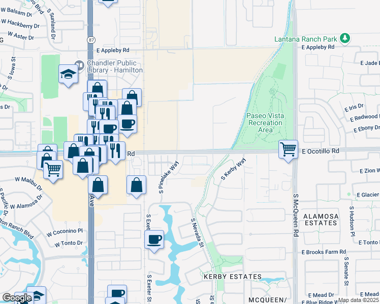 map of restaurants, bars, coffee shops, grocery stores, and more near 500 East Ocotillo Road in Chandler