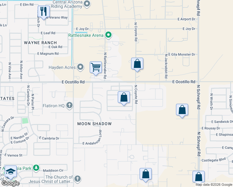 map of restaurants, bars, coffee shops, grocery stores, and more near 2388 East Meadow Chase Drive in Queen Creek