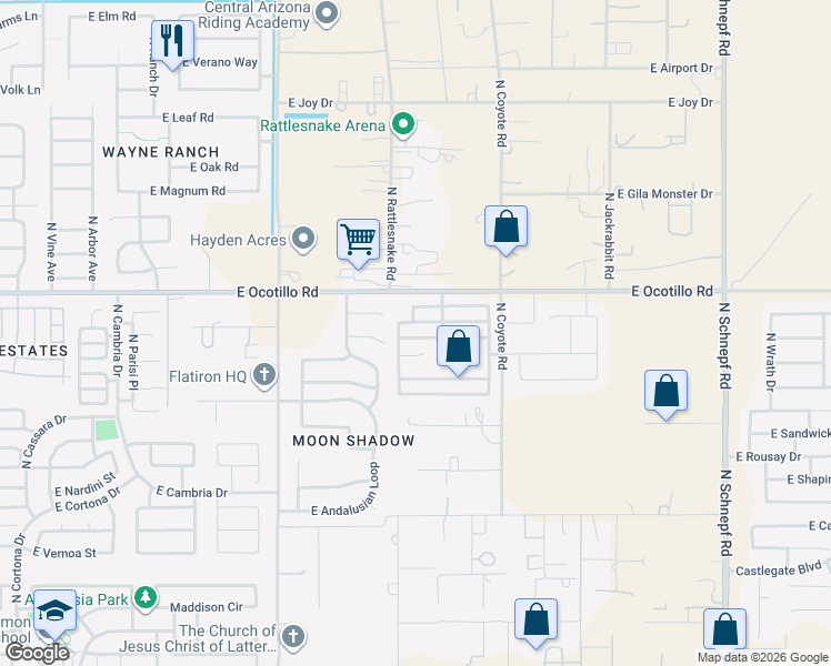 map of restaurants, bars, coffee shops, grocery stores, and more near 2388 East Meadow Chase Drive in Queen Creek