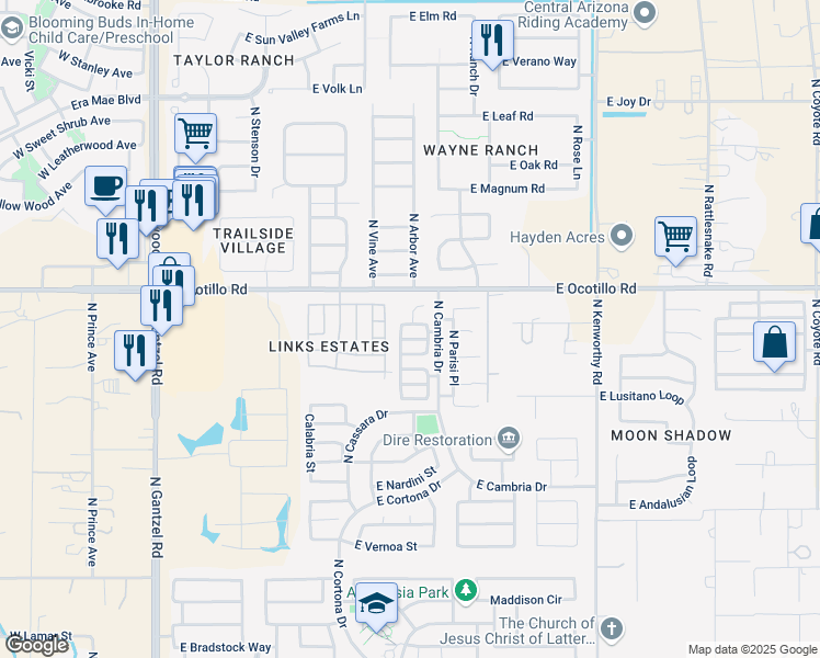 map of restaurants, bars, coffee shops, grocery stores, and more near 1110 East Bosi Street in Queen Creek