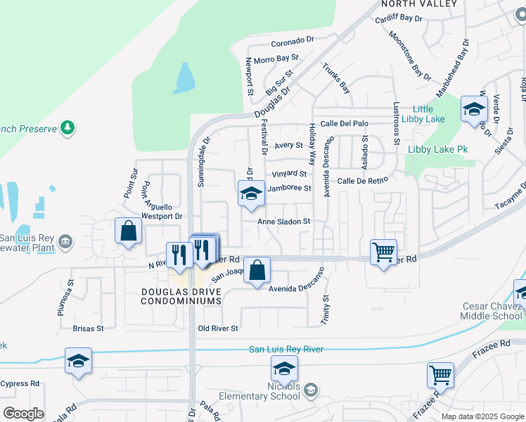 map of restaurants, bars, coffee shops, grocery stores, and more near 217 Festival Drive in Oceanside