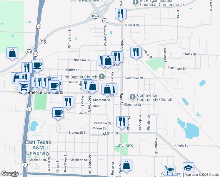 map of restaurants, bars, coffee shops, grocery stores, and more near in Commerce