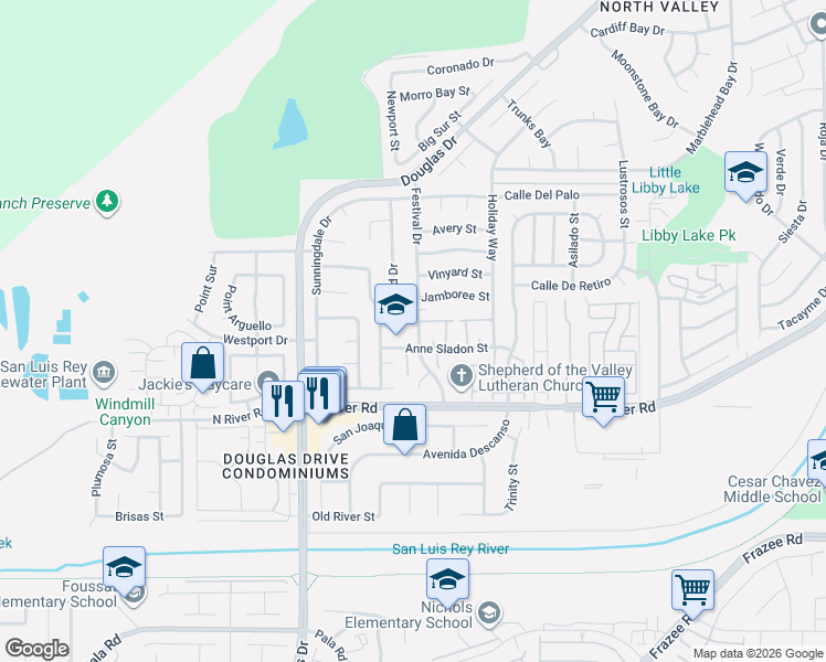 map of restaurants, bars, coffee shops, grocery stores, and more near 217 Festival Drive in Oceanside