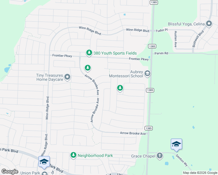 map of restaurants, bars, coffee shops, grocery stores, and more near 2912 Upland Trail Lane in Aubrey