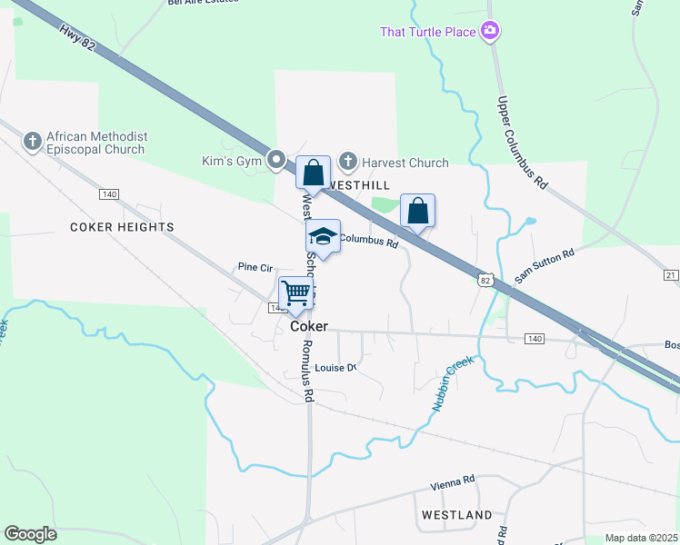 map of restaurants, bars, coffee shops, grocery stores, and more near 11629 Westwood School Road in Coker
