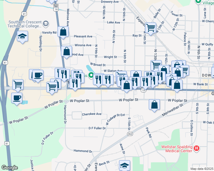 map of restaurants, bars, coffee shops, grocery stores, and more near 1115 West Taylor Street in Griffin
