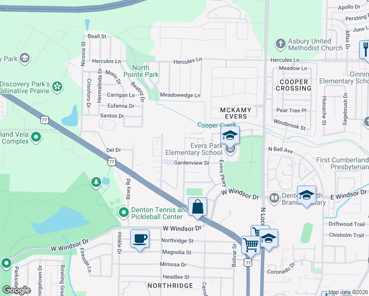 map of restaurants, bars, coffee shops, grocery stores, and more near 3369 Joyce Lane in Denton