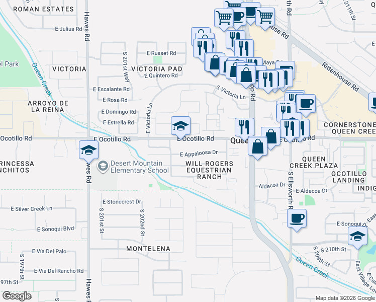 map of restaurants, bars, coffee shops, grocery stores, and more near 20352 East Appaloosa Drive in Queen Creek