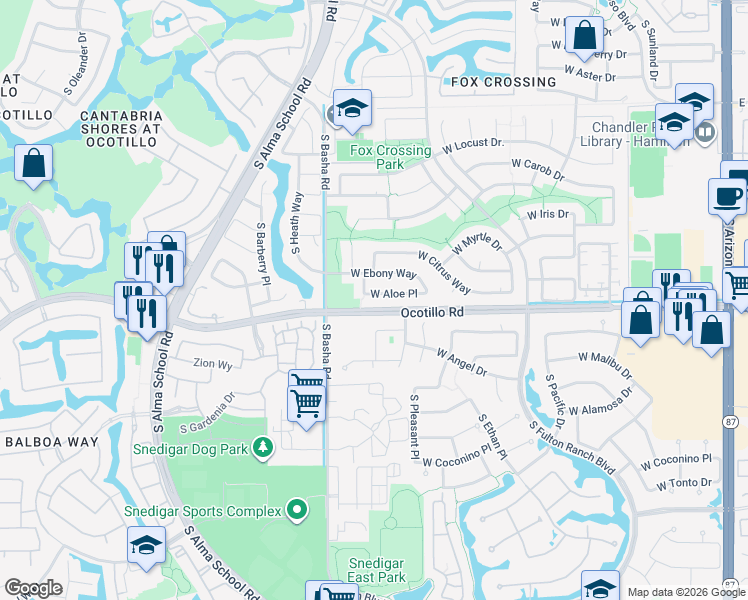 map of restaurants, bars, coffee shops, grocery stores, and more near 763 West Aloe Place in Chandler