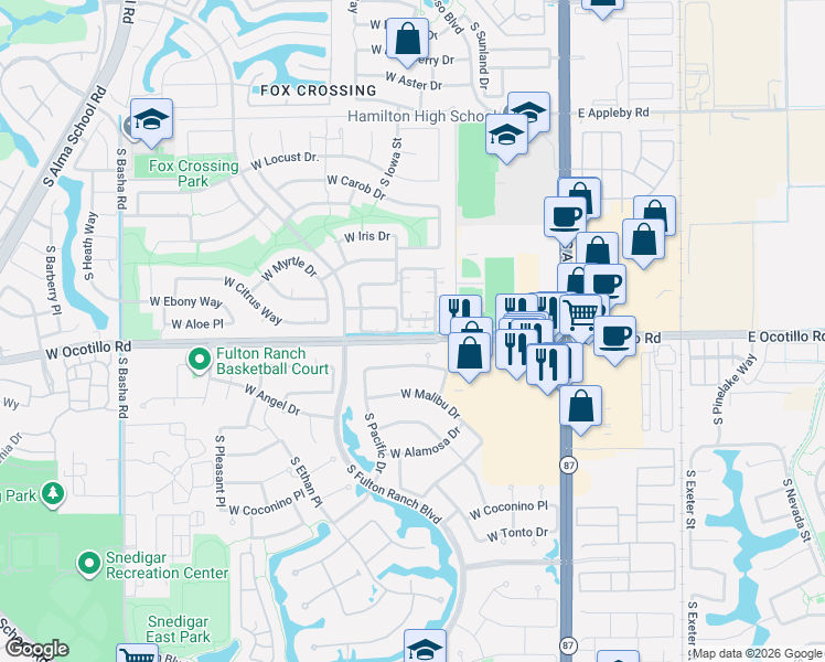 map of restaurants, bars, coffee shops, grocery stores, and more near 421 West Aloe Place in Chandler
