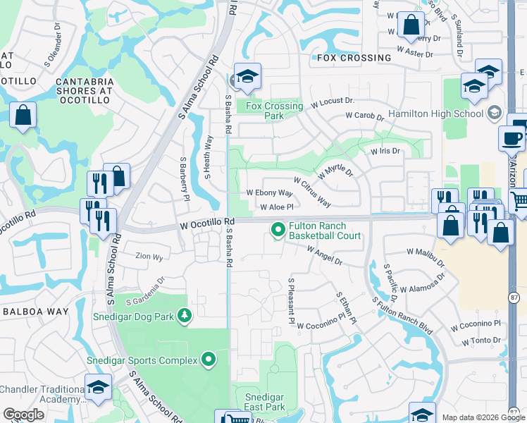map of restaurants, bars, coffee shops, grocery stores, and more near 763 West Aloe Place in Chandler