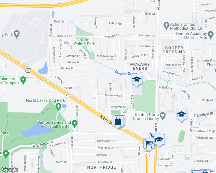 map of restaurants, bars, coffee shops, grocery stores, and more near 3400 Joyce Lane in Denton