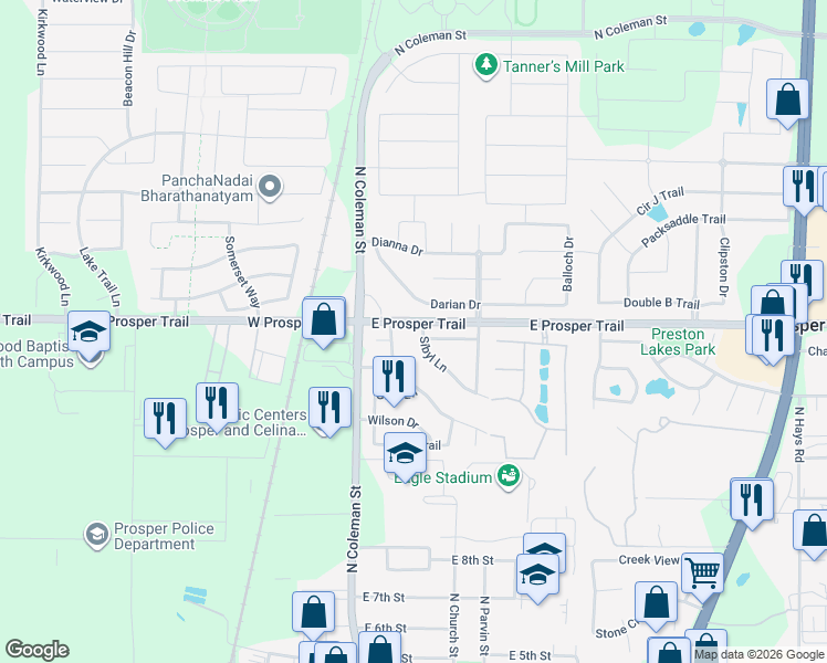 map of restaurants, bars, coffee shops, grocery stores, and more near 871 Sibyl Lane in Prosper