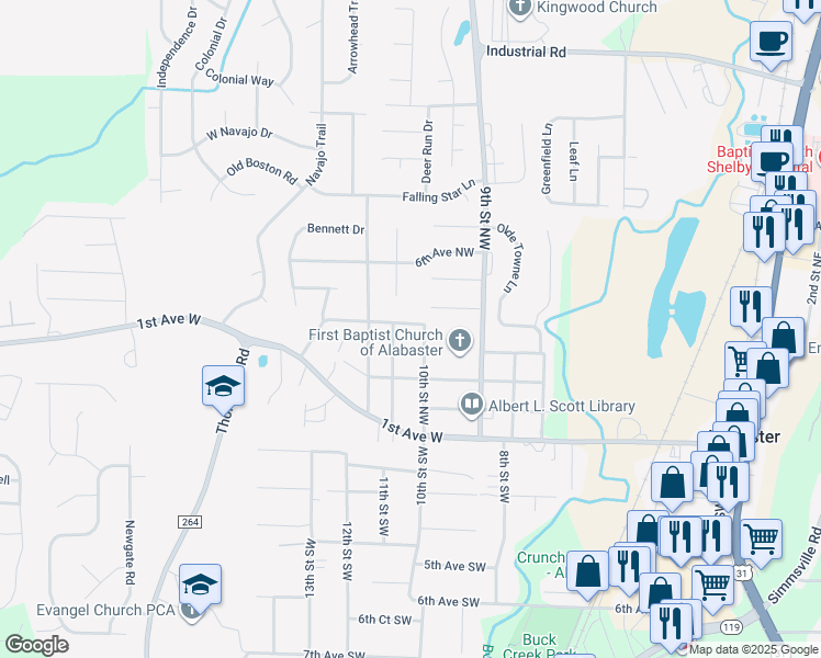 map of restaurants, bars, coffee shops, grocery stores, and more near 335 10th Street Northwest in Alabaster