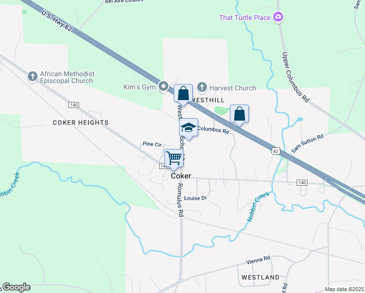 map of restaurants, bars, coffee shops, grocery stores, and more near 11626 Westwood School Road in Coker