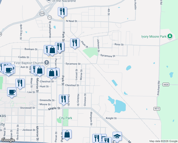 map of restaurants, bars, coffee shops, grocery stores, and more near 600 Henry St in Commerce