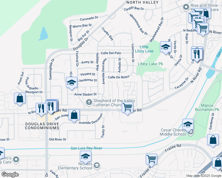 map of restaurants, bars, coffee shops, grocery stores, and more near 4616 North River Road in Oceanside