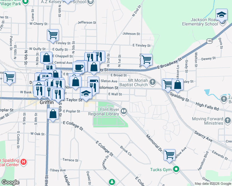 map of restaurants, bars, coffee shops, grocery stores, and more near 610 East Wall Street in Griffin