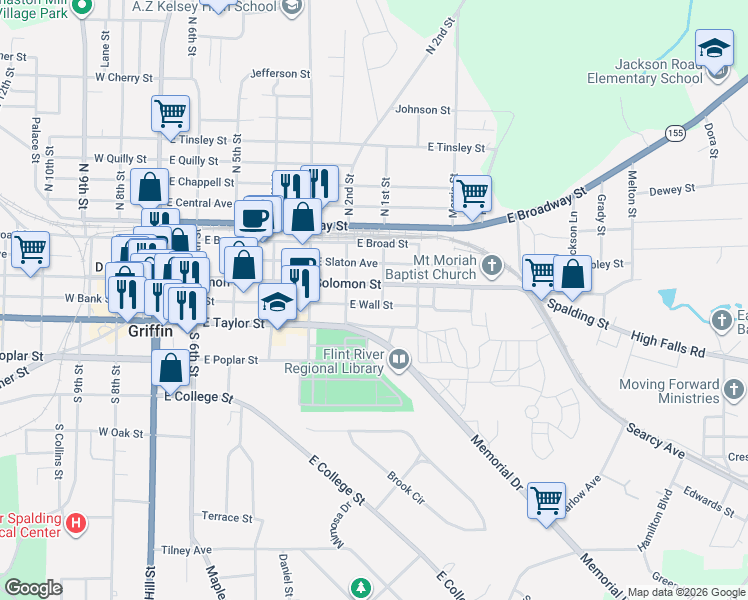 map of restaurants, bars, coffee shops, grocery stores, and more near 610 East Wall Street in Griffin
